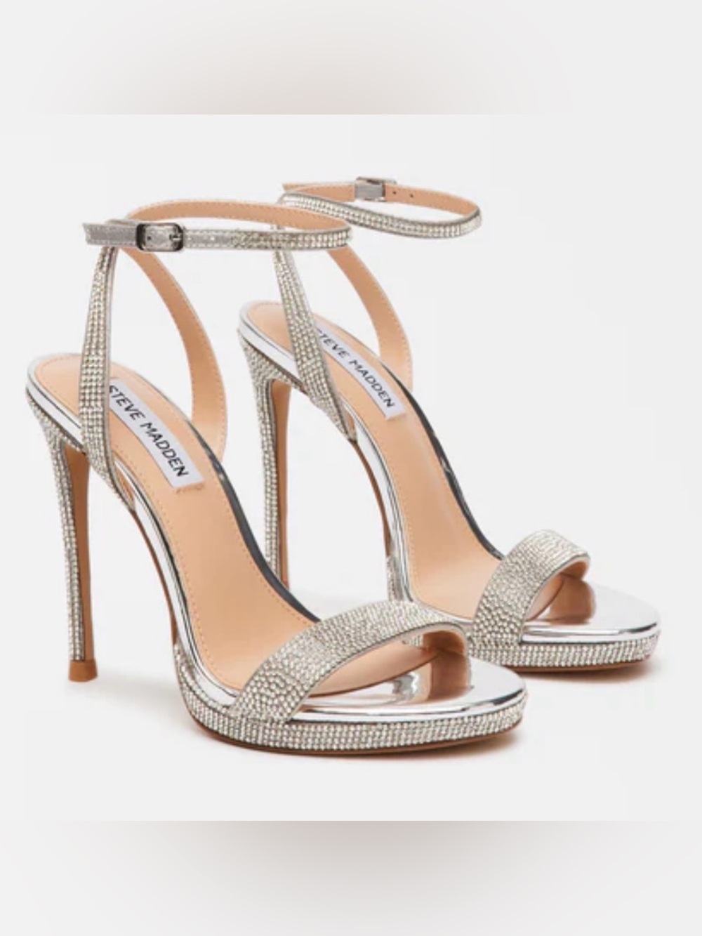 Steve Madden Wafer Silver Crystal Rhinestone Ankle-Strap Stiletto Heels